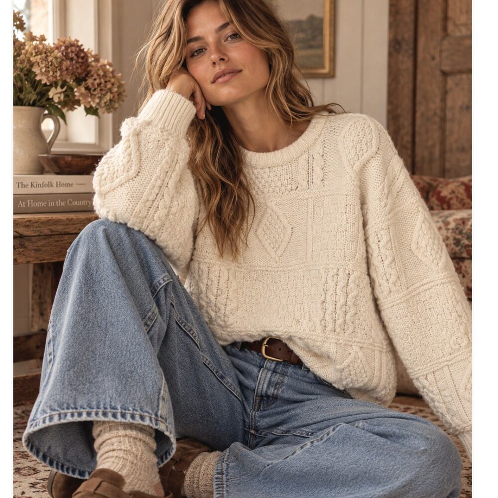 Vintage Tivoli Aran Fisherman Sweater Pure New Wool Cream Cable Knit L Ireland